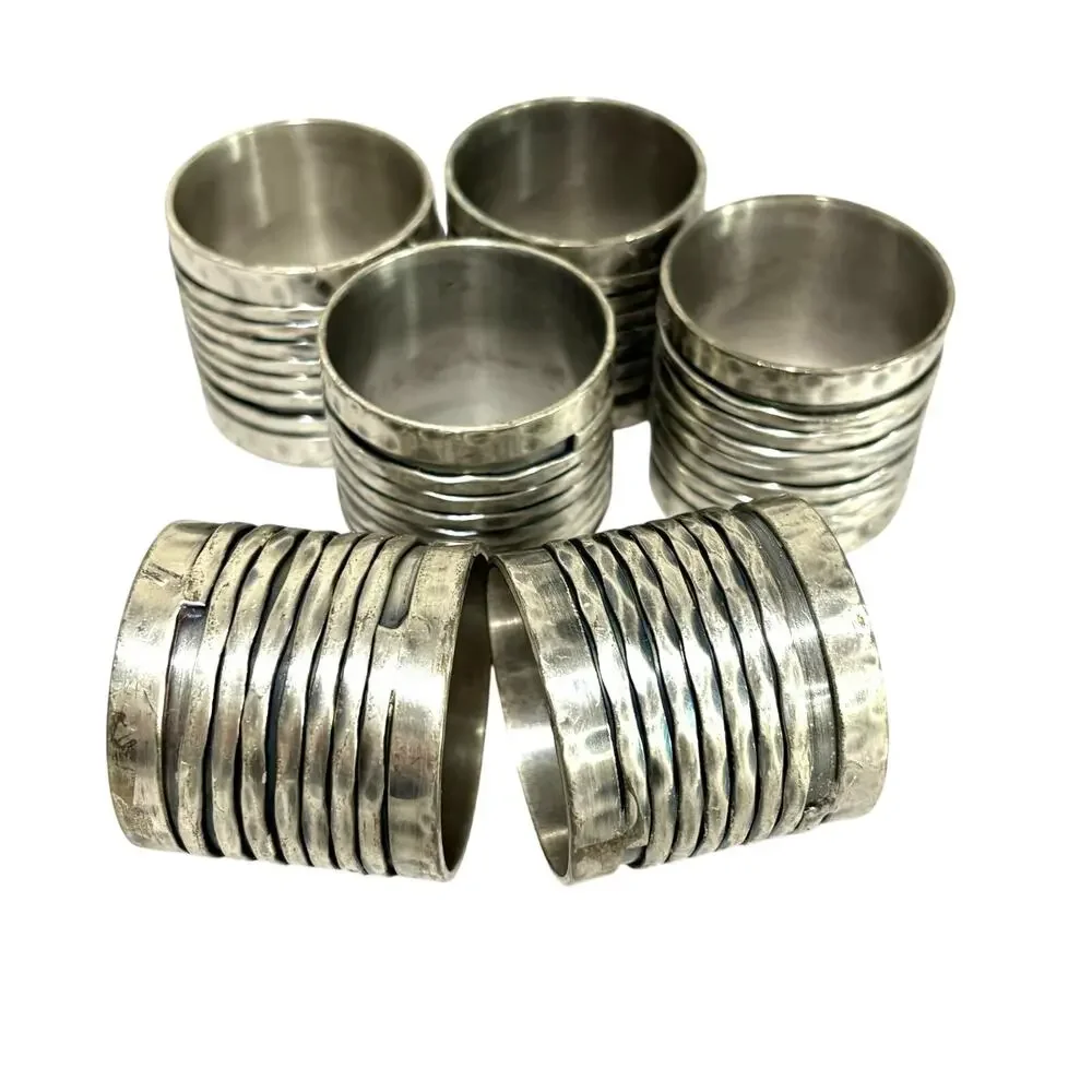 Pewter Silver napkin rings (6) wrapped Brutalist Artisan detailed metal holders
